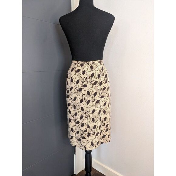 Sandra King Tan and Brown Floral and Leaf Print Silk Pencil Skirt - 8 - Picture 3 of 8